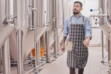 Barmen bira fıçıları arasında yürüyüş ve onlara bakarak.