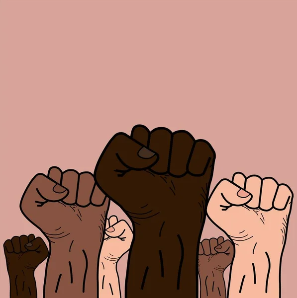 人種主義や不平等への抗議の印として さまざまな国籍の人々の拳に集められた手 Black Lives Matter Vector Illustration Racism Poster Fist — ストックベクタ