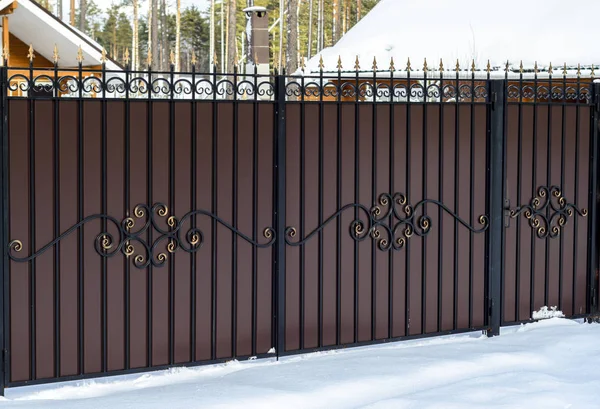 beautiful wrought iron fence with a gate on the private sector in a country house in winter snow