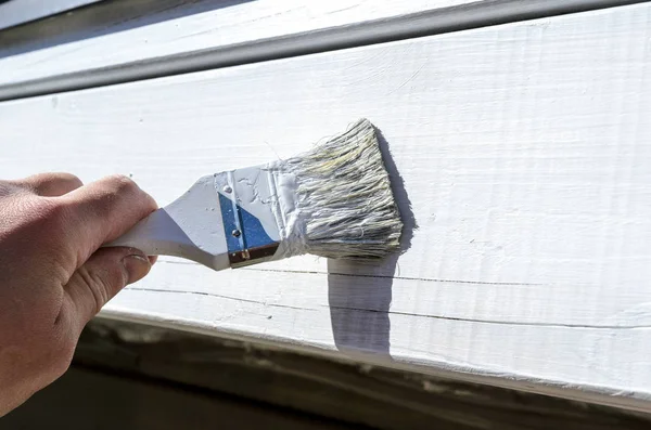 Pintor Pinta Una Pieza Pared Madera Con Pequeño Pincel Pintura — Foto de Stock