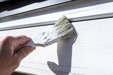 ressam küçük bir fırça ve beyaz boya ile ahşap duvar parçası boyar, Builder ve çalışmaları.
