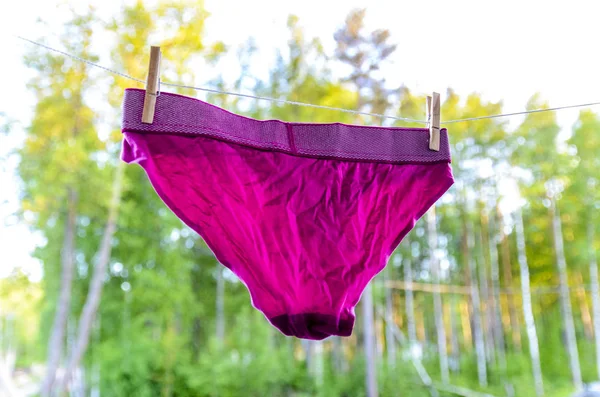 purple or red panties hang on the clothesline and hold two clothespins. washing and drying.