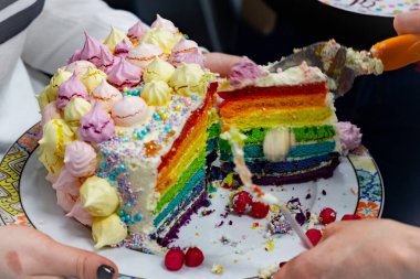 Masada servis etmek için güzel bir tabakta LGBT gökkuşağı pastası kesilir. İnsanların arka planına karşı, seçici odak, bulanık resim.