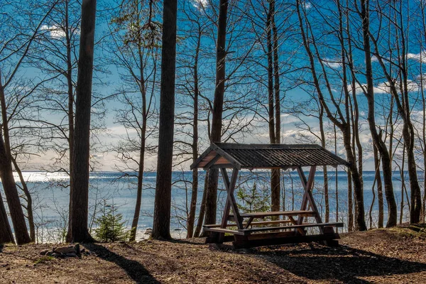 青い海に面した森の中のピクニック グリル バーベキューのための小さなオープンガゼボ — ストック写真
