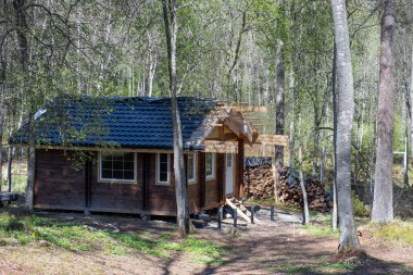 Bahar Ormanı 'nda inşaat halindeki küçük bir kulübe. Güzel manzara.