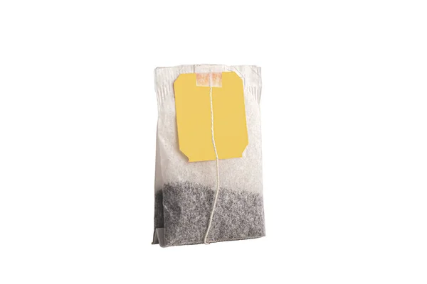 Eldobható Papír Teafilter Sárga Címkével Címke Hirdetőtábla Reklám Elszigetelt Fehér — Stock Fotó