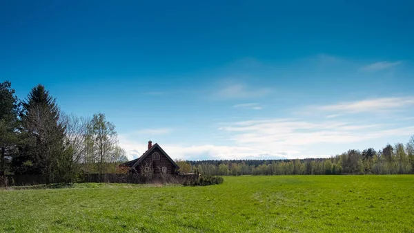 Krásná Chatrč Jasně Zelené Louce Okraji Lesa Pod Slunnou Modrou — Stock fotografie