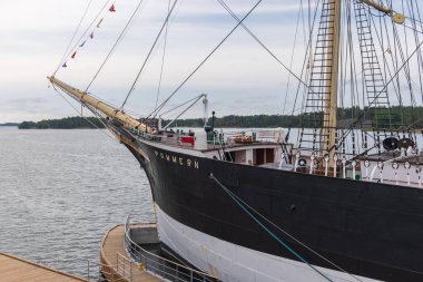 Finlandiya, Aland Adaları, Marienhamn Ağustos-2019: Pommern, orijinal adıyla Mneme, Windjammer yelkenlisi, dört direkli bir tekne, 1903 yılında J. Reid & Co tersanesi tarafından Glasgow 'da inşa edildi.