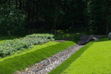 seçici odak, drenaj, bir park bölgesinde drenaj sistemi, çimlerle kaplanmış ve taşlarla kaplanmış bir su yolu, doğa ve yol arasında bir su kemeri. Çim tarlasında taştan su çekiliyor. Çim ve bitki koruması.