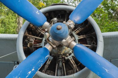 Motorun kompartımanına yakın çekim ve asfaltta güneşli bir günde eski bir uçağın pervanesi.