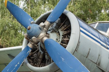 Motorun kompartımanına yakın çekim ve asfaltta güneşli bir günde eski bir uçağın pervanesi.