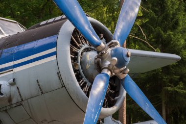 Motorun kompartımanına yakın çekim ve asfaltta güneşli bir günde eski bir uçağın pervanesi.