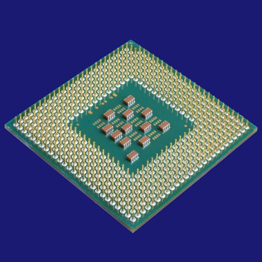 Mavi arka planda izole edilmiş bir işlemci çipinin fotoğrafı. Mikroişlemci, merkezi işlem birimi. Bilgisayar ve nanoteknoloji, mikroteknolojilerin geliştirilmesi.