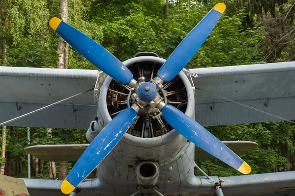 Motorun kompartımanına yakın çekim ve asfaltta güneşli bir günde eski bir uçağın pervanesi.