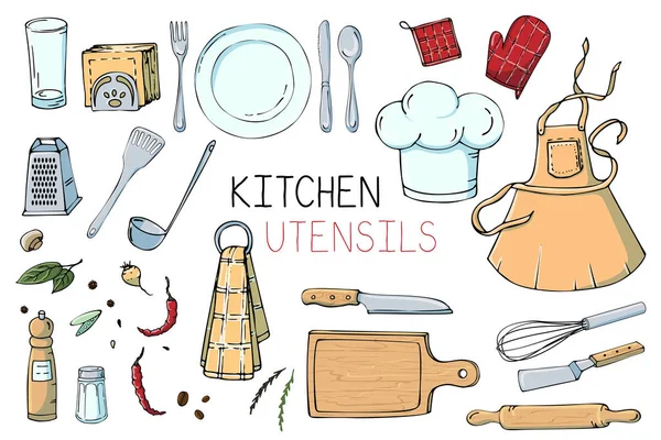 Набір ручної мальованої ілюстрації з кухонним приладдям — стокове фото