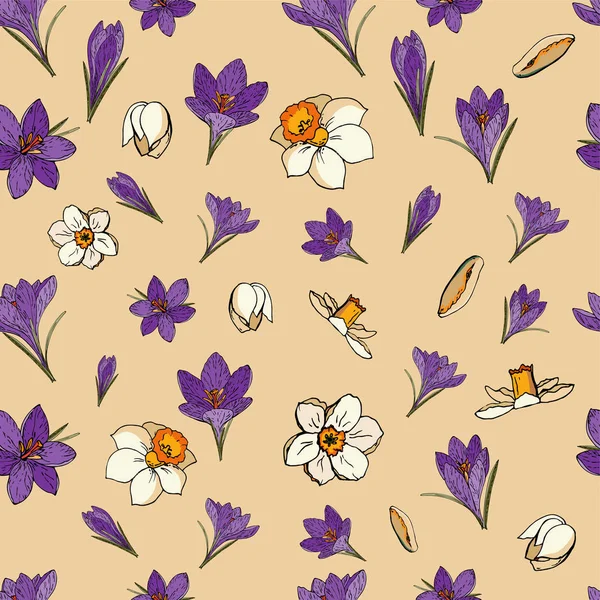 Patrón floral sin costura vectorial con azafranes y narcisos — Archivo Imágenes Vectoriales