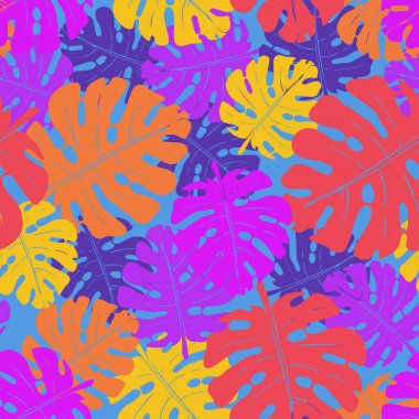 Palmiye yaprakları ve tropikal bitkilerin vektör dikişsiz neon deseni.