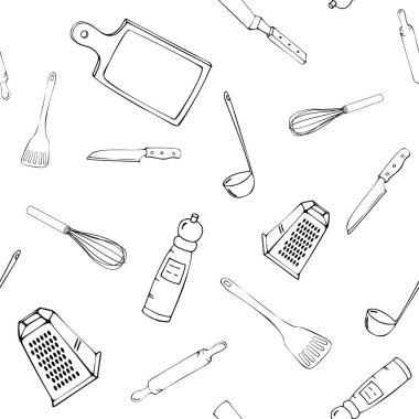 Mutfak Gereçleri.Original doodl ile el çizilmiş dikişsiz desen