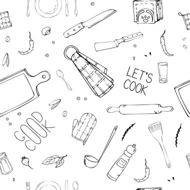 Mutfak Gereçleri.Original doodl ile el çizilmiş dikişsiz desen