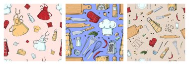 Mutfak Gereçleri ile el çizilmiş dikişsiz desen seti. Kökenli