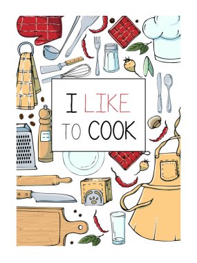 Mutfak Gereçleri ile el çizilmiş illüstrasyon. Gerçek vektör dra