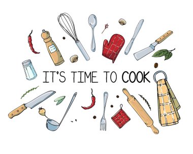 Mutfak Gereçleri ile el çizilmiş illüstrasyon. Gerçek vektör dra