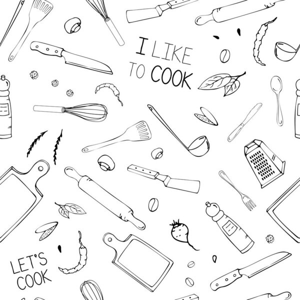Hand drawn seamless pattern with Kitchen Utensils.Original doodl