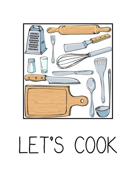 Ilustração desenhada à mão com utensílios de cozinha. Vetor real dra —  Vetores de Stock