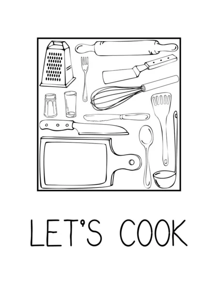 Ilustração desenhada à mão com utensílios de cozinha. Vetor real dra —  Vetores de Stock