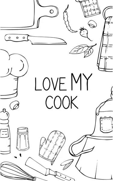 Ilustração desenhada à mão com utensílios de cozinha. Vetor real dra —  Vetores de Stock
