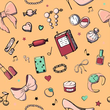 Kız şeyler ile Vektör dikişsiz desenler. 