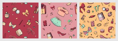 Kız şeyler ile vektör dikişsiz desenler seti. 