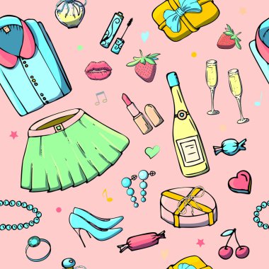 Kız şeyler ile Vektör dikişsiz desenler. 