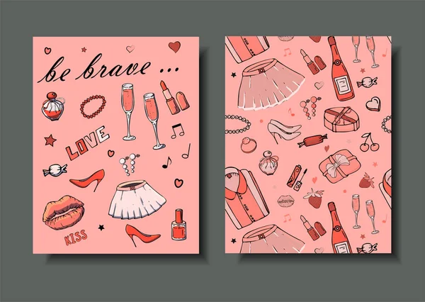 女の子のものと手描きのテンプレートファッションカードのセット — ストックベクタ