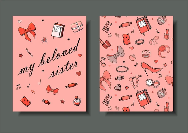 Zestaw ręcznie rysowane szablony kart mody z dziewczynami rzeczy — Wektor stockowy