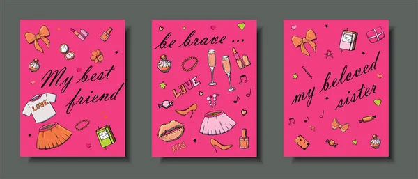 女の子のものと手描きのテンプレートファッションカードのセット — ストックベクタ