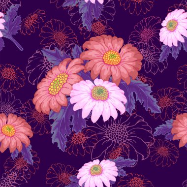 Vektör krizantem. Altın papatya çiçek dikişsiz desen. 