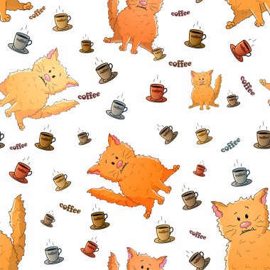 Sevimli karikatür garip kedi ve bardak ile Vektör sorunsuz desen