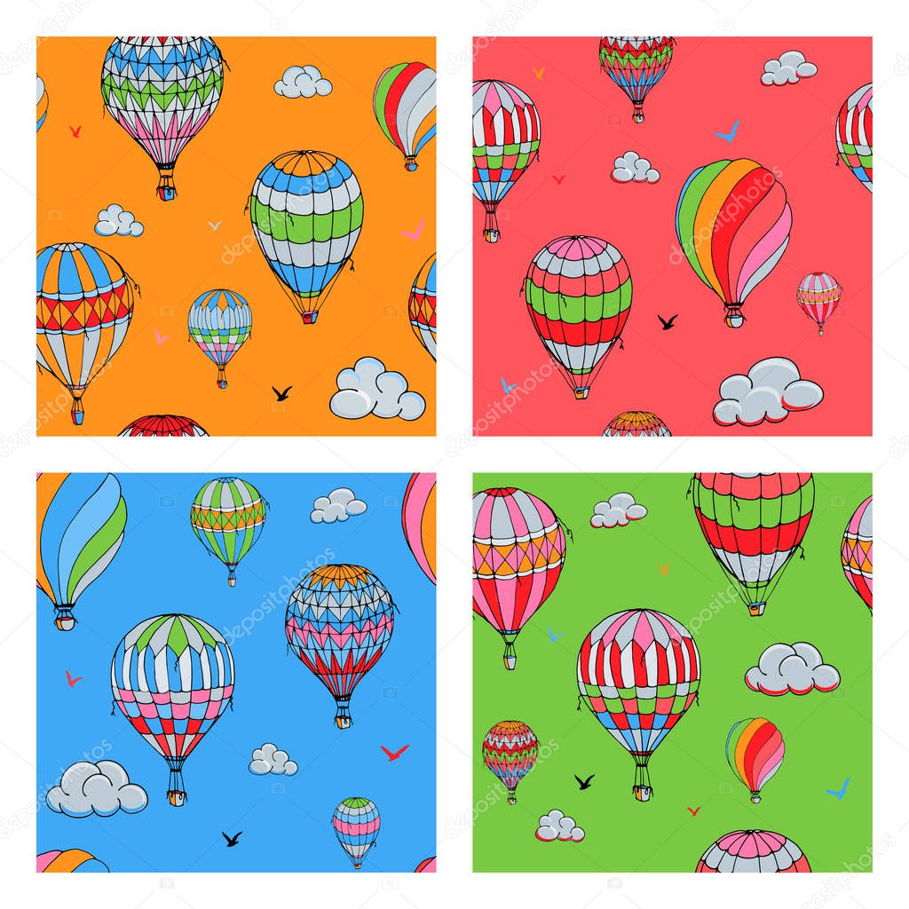 Set of vector seamless pattern with balloons in bright colors. 
