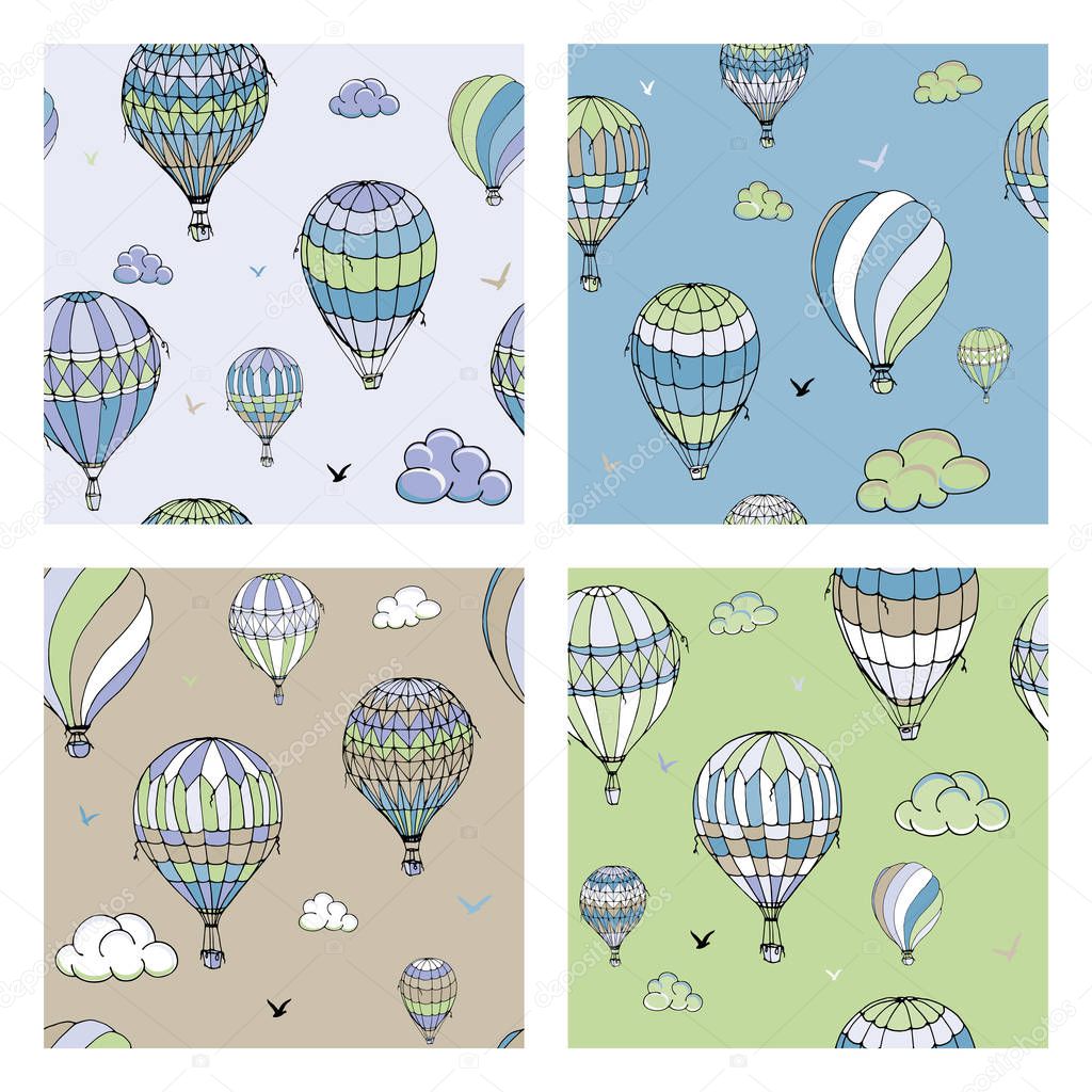 Set of vector seamless pattern with balloons in pastel colors. 