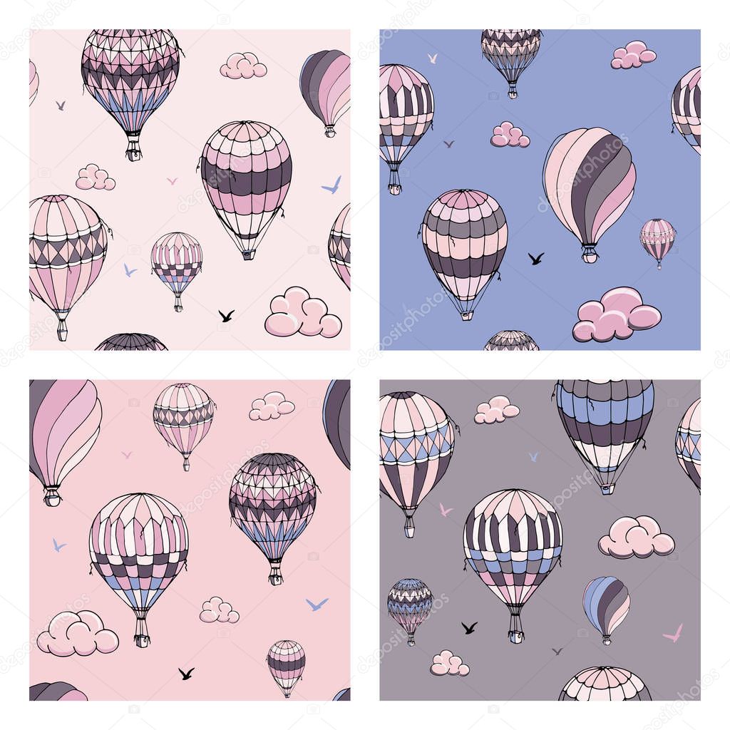 Set of vector seamless pattern with balloons in pastel colors. 