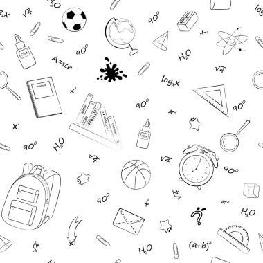 Okul malzemeleri ve stat ile tek renkli vektör dikişsiz desen