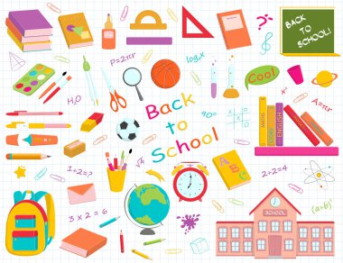 Vektör seti çok renkli okul malzemeleri ve kırtasiye. 