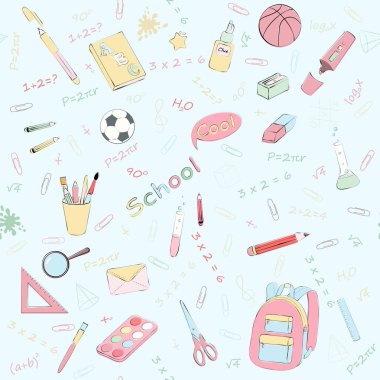 Okul malzemeleri ve sta ile çok renkli vektör dikişsiz desen