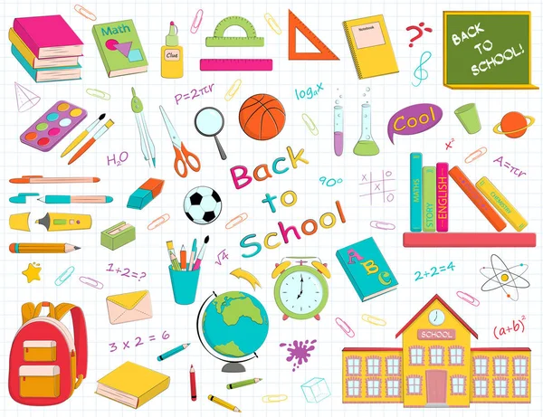 Vector set of multicolour school supplies and stationery. — Stock Vector