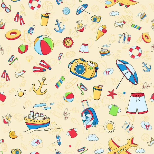 Modello senza cuciture vettoriale con divertente sim estivo multicolore doodle — Vettoriale Stock