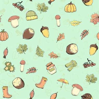 Sonbahar nesneleriyle kusursuz bir şablon. Çok renkli bir el.