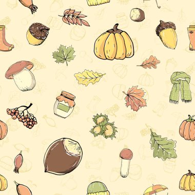 Sonbahar nesneleriyle kusursuz bir şablon. Çok renkli bir el.