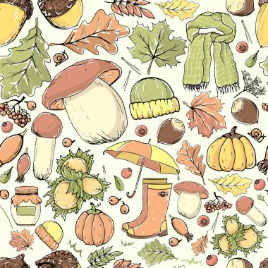 Sonbahar nesneleriyle kusursuz bir şablon. Çok renkli bir el.