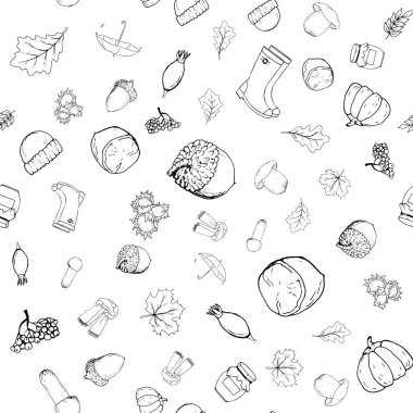 Sonbahar nesneleriyle kusursuz bir şablon. Doğrusal monokrom h